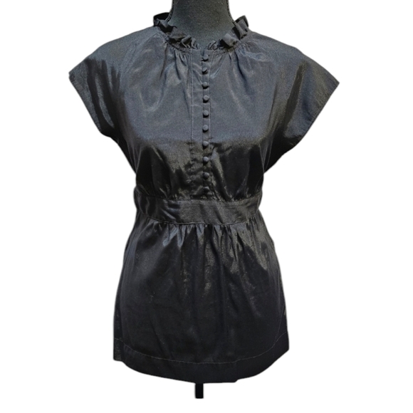 Apt. 9 Shiny Black Button Blouse Tie Waist Ruffle Collar Rayon Blend Size M - Picture 1 of 9